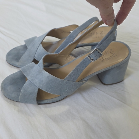 Naturalizer Light Blue Suede Crisscross Slingback Block Heel Sandals - Picture 2 of 5
